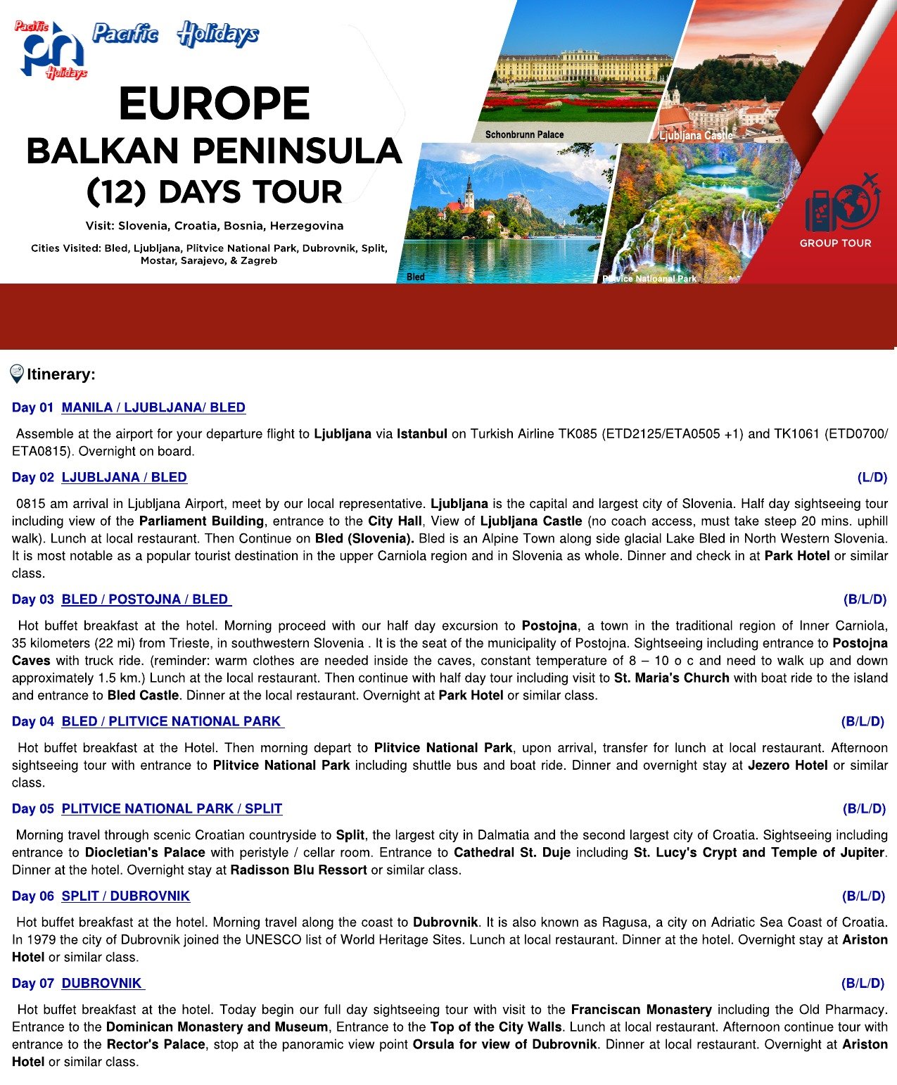 _2020 EUROPE – BALKAN PENINSULA (12) DAYS TOUR – WO TOUR RATE – P1