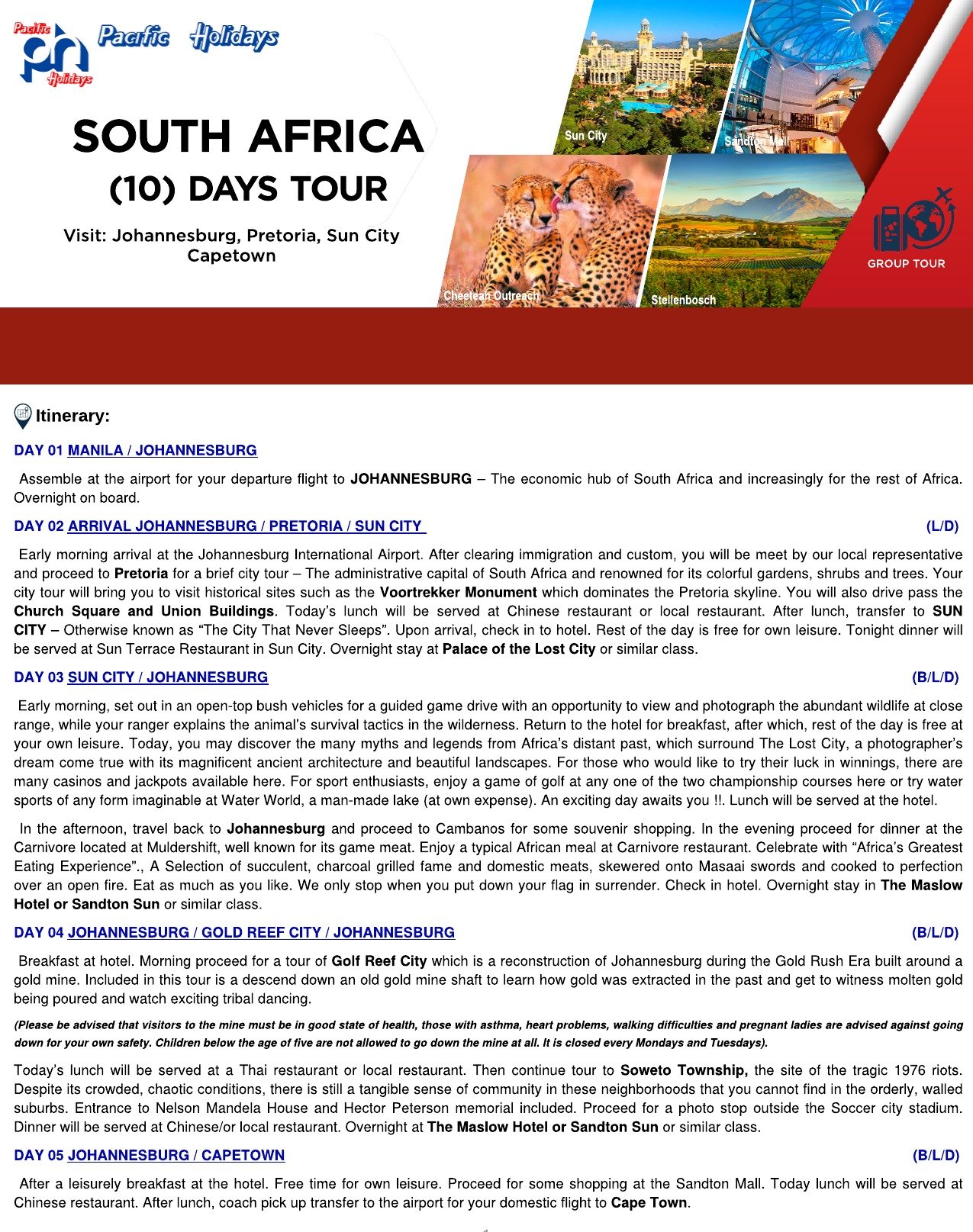 2020 SOUTH AFRICA (10) DAYS TOUR – WO TOUR RATE -P1
