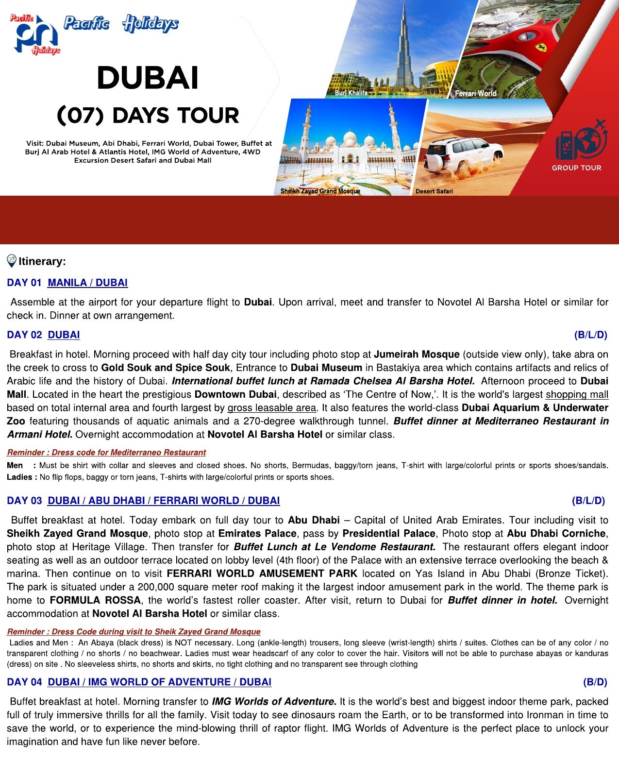 2020 DUBAI (7) DAYS TOUR – WO TOUR RATE – P1