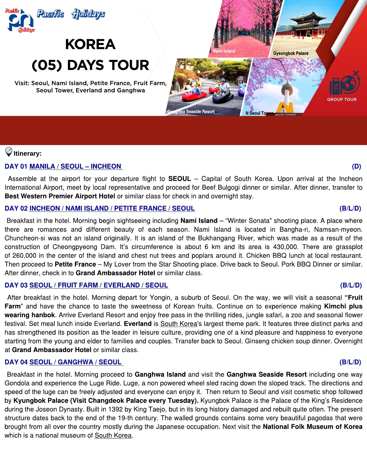 2020 KOREA (5) DAYS TOUR – WO TOUR RATE – Photo and 3 Columns