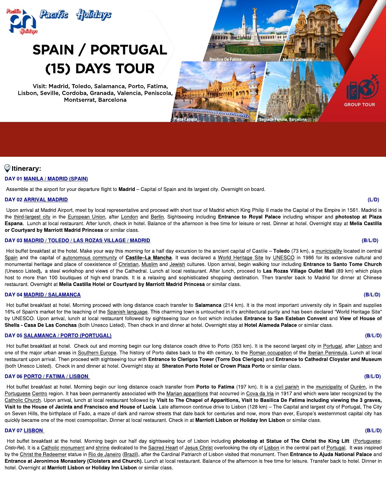2020 SPAIN AND PORTUGAL (15) DAYS TOUR – WO TOUR RATE – P1