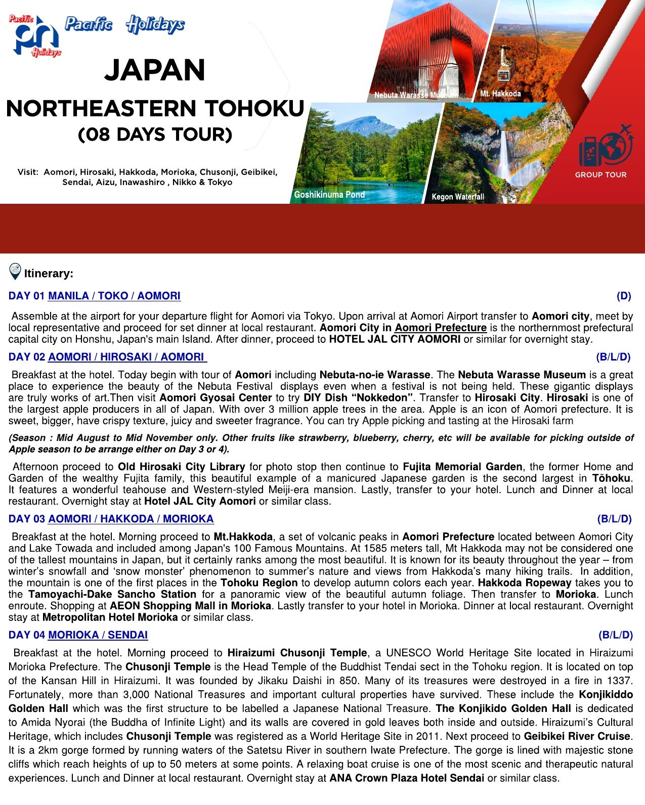 2020 JAPAN NORTHEASTERN TOHOKU (8) DAYS – WO TOUR RATE – P1