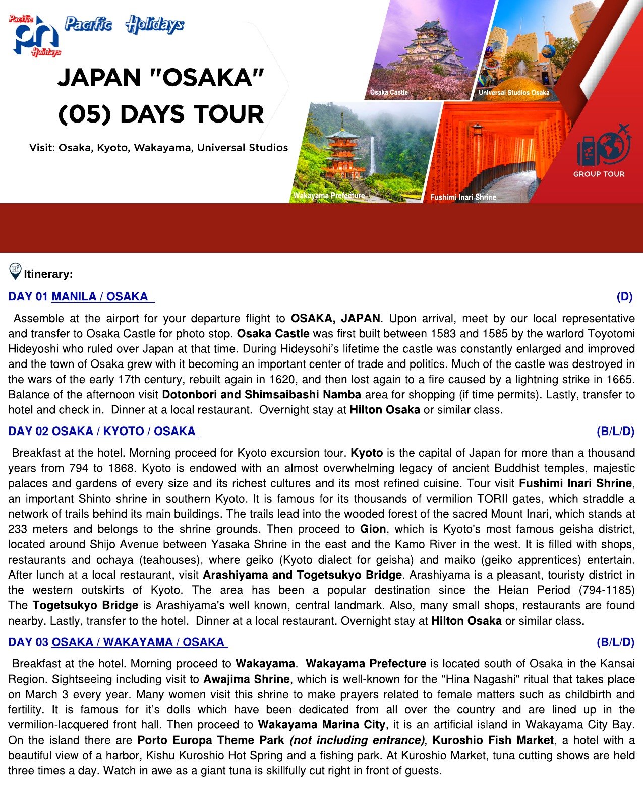 2020 JAPAN – OSAKA (5) DAYS TOUR – WO TOUR RATE – Photo and 3 Columns