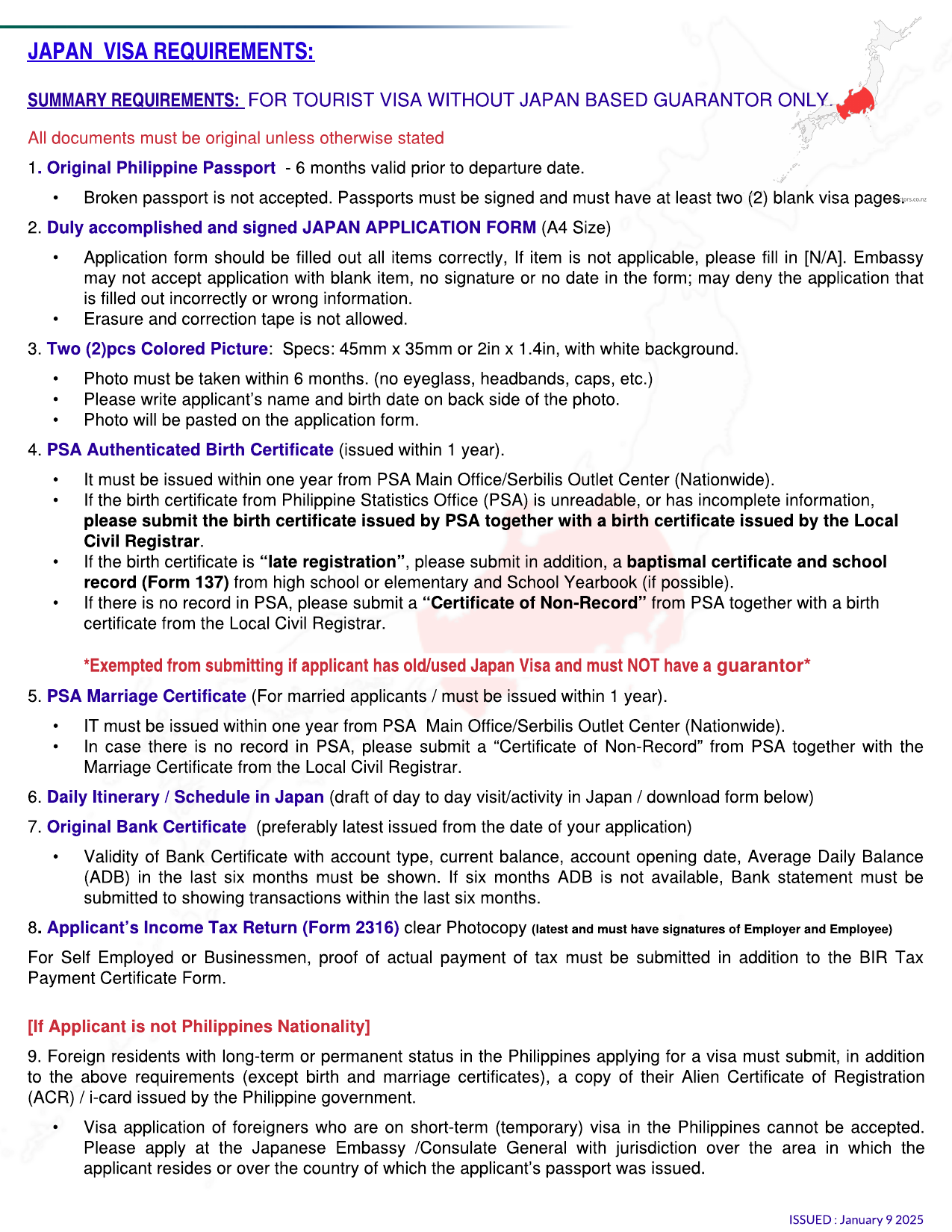 JAPAN VISA REQUIREMENTS AS OF JAN 9 2025 page 1