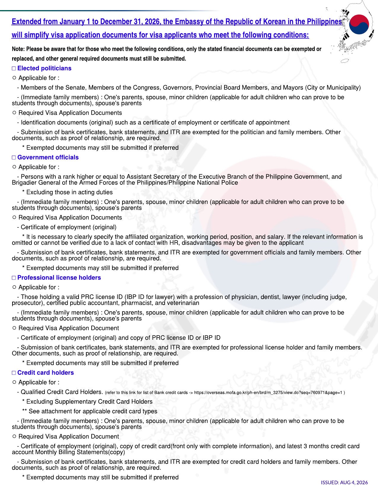 2026 KOREA VISA REQUIREMENTS AS OF AUG 4 2026 page 1