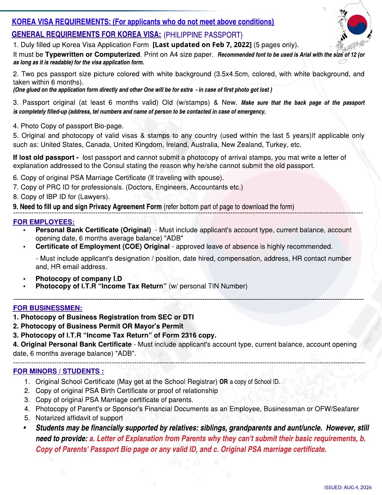 2026 KOREA VISA REQUIREMENTS AS OF AUG 4 2026 page 2